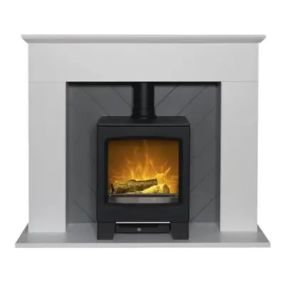 Adam Corinth Stove Fireplace in Pure White & Grey with Downlights & Lunar Electric Stove in Char