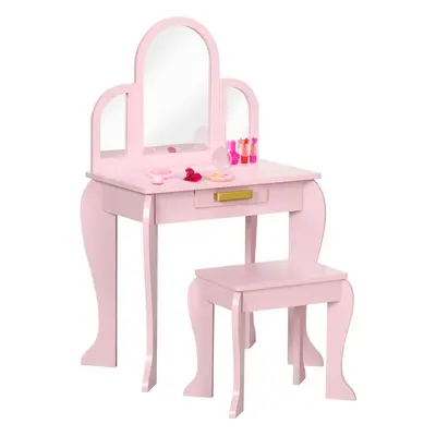 HOMCOM Kids Dressing Table Set Kids Vanity Set w/ Drawer, Mirror - Pink