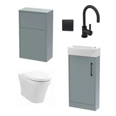 Cloakroom Suite - Left Hand 440mm Vanity, WC Unit, Toilet and Tap - Grey/Black