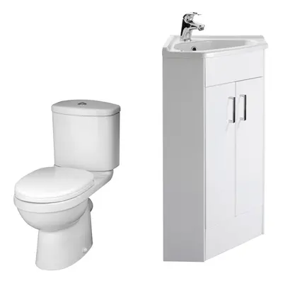 Bathroom Floor Standing Corner Vanity Unit and Toilet Set - White