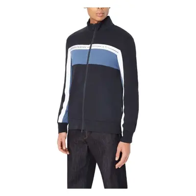 Armani Exchange Men's Unbrushed Organic Cotton Tri-Color Mock Neck Zip Up Sweatshirt Navy/True N