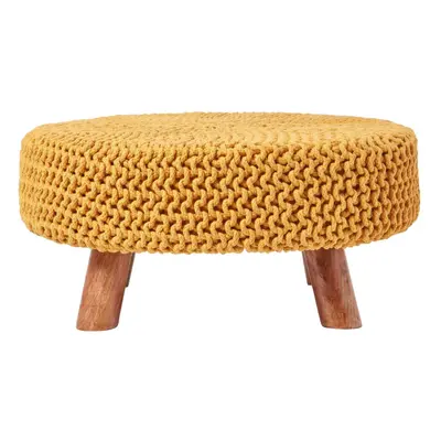 (Mustard) Knitted Cotton Footstool with Wooden Legs Large x x cm