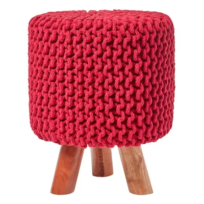 (Red) Tall Knitted Cotton Footstool with Tripod Wooden Legs