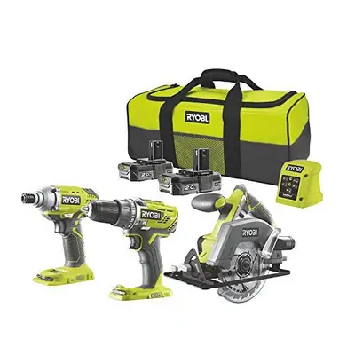 Ryobi 18v Triple Kit Combi Drill, Impact Driver & Circular Saw 2X 2.0Ah Li-ion Batteries & Charg