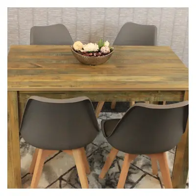 Dining Table and Chairs Rustic Effect Wood Table Grey Plastic Leather Chairs Dining Room