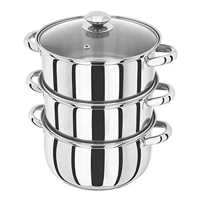 Essentials HX05 Stainless Steel Tier Steamer 24cm Vented Glass Lid Integral Casserole Pot Oven S