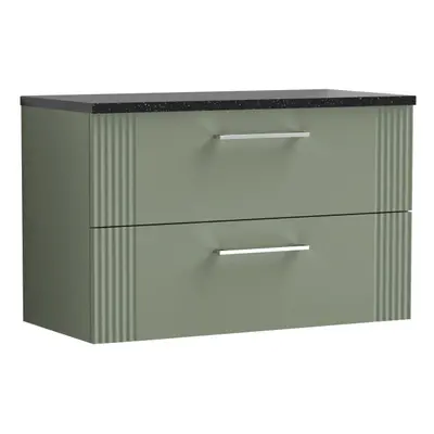 Retro Drawer Wall Hung Vanity Unit with Sparkling Black Laminate Worktop - 800mm - Satin Green -