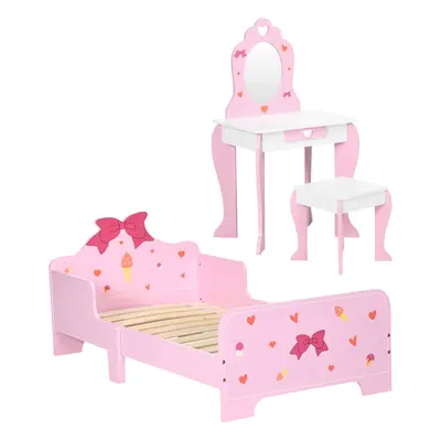 ZONEKIZ 3PCs Kids Bedroom Furniture Set with Bed, Dressing Table and Stool, Pink