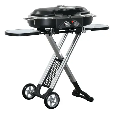 Outsunny Foldable Burner Gas BBQ Grill Trolley w/ Side Shelves Storage Pocket