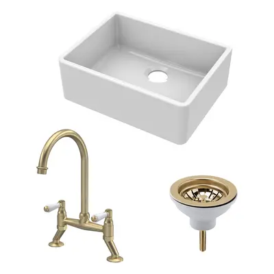 Fireclay Kitchen Bundle - Single Bowl Butler Sink, Strainer Waste & Bridge Lever Mixer Tap, 595m