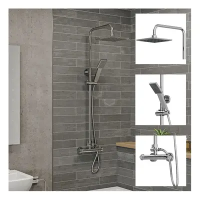 Bathroom Thermostatic Mixer Shower Set Square Chrome Twin Head Exposed Valve