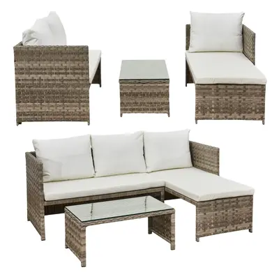 (Beige with Cream Cushions) Florence Rattan Corner Sofa Set with Cushions & Table Outdoor Patio 