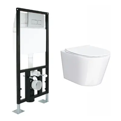 Modern Rimless Wall Hung Toilet with Ultra Slim Soft Close Seat and Wall Frame System