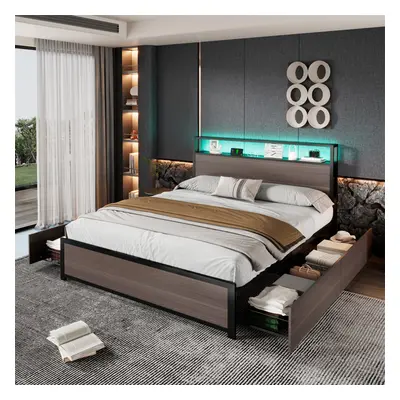 (135x190cm with USB port) Metal Iron Bed with LED Light Strip and Drawers