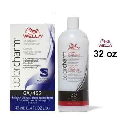 (6A+Dev(Vol.20)32oz) Wella 6A Dark Ash Blonde Color Charm Permanent Liquid Haircolor