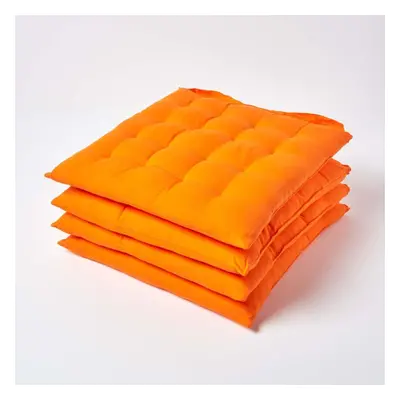 (Set of 4, Orange) Plain Seat Pad with Button Straps 100% Cotton