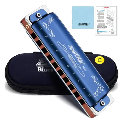 Blues Harmonica in C,10 Holes Blues Harp Mouth Organ Diatonic Harmonica C Key with Blue Case, T0