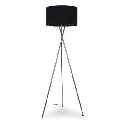 Modern Brushed Chrome Metal Tripod Floor Lamp with a Black Drum Shade - Complete with a 6w LED G