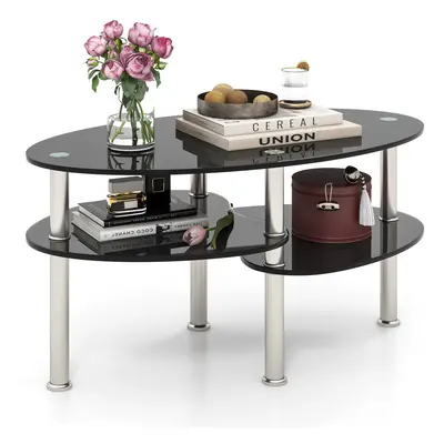 3-tier Oval Tempered Glass Coffee Table Center Table w/ Open Shelf Black