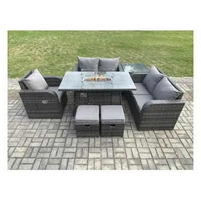 Fimous Rattan Garden Furniture Set with Gas Fire Pit Dining Table,Side Table and Small Footstool