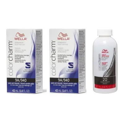 (9A+9A+Dev (Vol. 20) 3.6oz) Wella 12A Frosty Ash Color Charm Permanent Liquid Haircolor & Develo