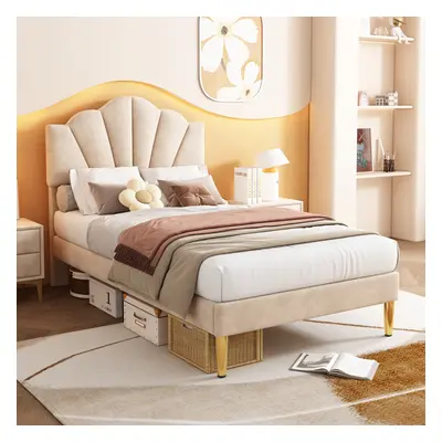 (90*190cm,Single Bed, Beige ) Velvet Upholstered Bed, Wooden Slatted Frame