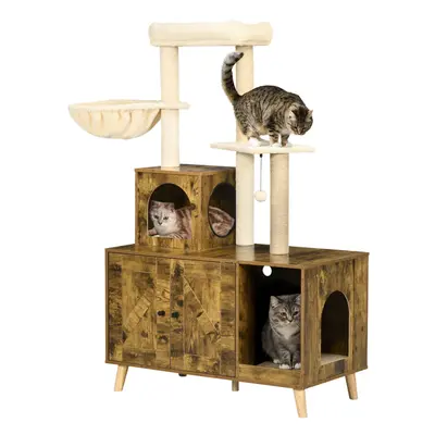 PawHut Litter Box Enclosure with Cat Tree Tower, Hammock, Cushion