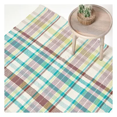 (150 x cm, Blue, Yellow, Brown & Off White) Handwoven Tartan 100% Cotton Rug