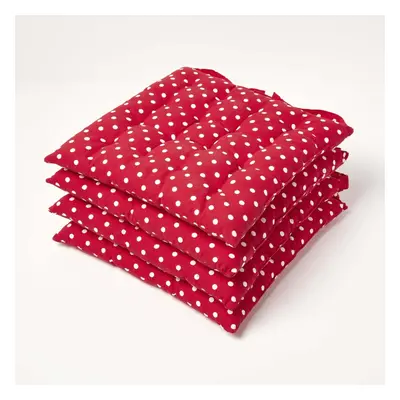 (Set of 4) Red Polka Dot Seat Pad with Button Straps 100% Cotton