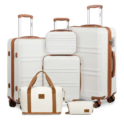 (Cream) Pieces ABS Hard Shell Suitcase Set With Duffel Bag And Toiletry Bag