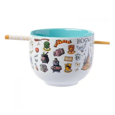 Harry Potter Harry Potter Hogwarts Icon Collage Ramen Bowl with Chopsticks, White & Blue