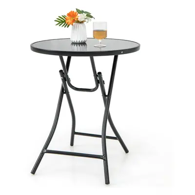 Folding Patio Bistro Table Outdoor Round Glass Top Cocktail Table Metal Frame