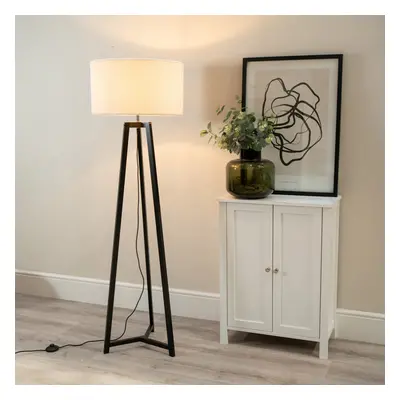 ValueLights Lottie Cream Boucle Shade Black Wood Tripod Floor Lamp