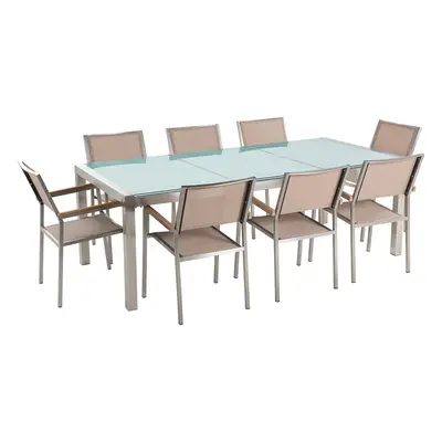 Dining Set for GROSSETO Tempered Glass Cracked Glass 220x100x74 cm Beige