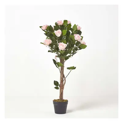 (Pink) Potted Rose Tree Artificial Plant with lifelike green leaves and single trunk, cm