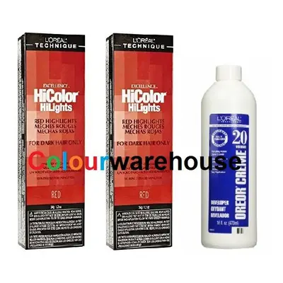 (Red (2x), Dev (Vol. 20) 16oz) L'Oreal HiColor Red HiLights For Dark Hair Only