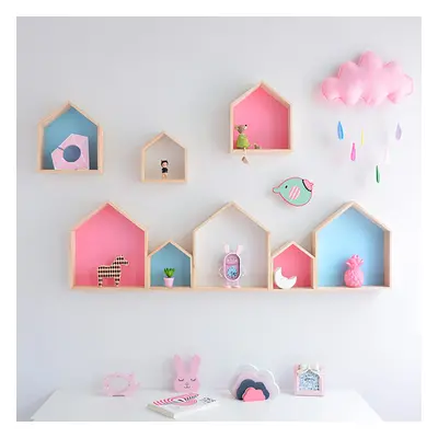 Wooden House Shape Wall Hanging Shelf Toy Storage Rack Home Decorations