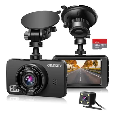 ORSKEY Dash Cam for Cars Front and Rear and SD Card Included 1080P Full HD In Car Camera Dual Le