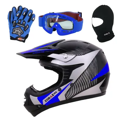 (Blue, M) ZORAX X19 Kids Motorcycle Motorbike Helmet Child Goggles Gloves Balaclava QUAD ATV