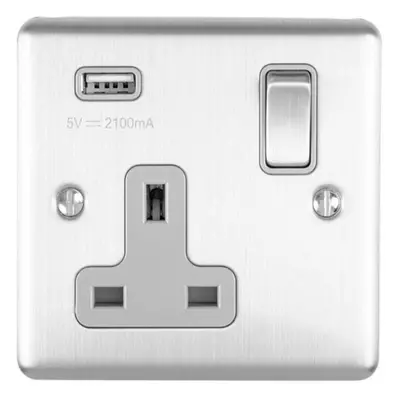 1 Gang Single UK Plug Socket & 2.1A USB Charger SATIN STEEL & Grey 13A Switched