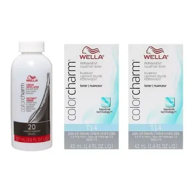 (T14+T14+Dev (Vol. 20) 3.6oz) Wella Color Charm T11 Lightest Beige Blonde Permanent Liquid Hair 