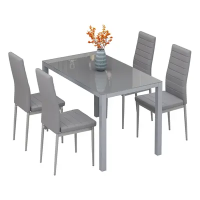 (Grey Table+4*grey Chairs) Dining Table and Chairs Set, Modern Glass Table with High Back Faux L