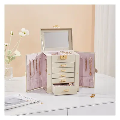 (White) Faux Leather Large Jewellery Storage Box with Mirror