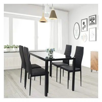 (Black Table and chairs) BLACK GLASS DINING TABLE & FAUX LEATHER CHAIRS