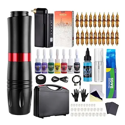 Tattoo Pen Kit Rotary Gun Machine with Wireless Tattoo Power Supply 20Pcs Cartridge inks EM154EN