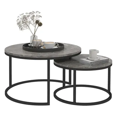 HOMCOM Pcs Stacking Coffee Table Set Steel Frame, Marble Dark Grey