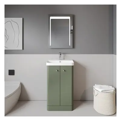 Floor Standing Door Vanity Unit with Ceramic Basin - 500mm - Satin Green