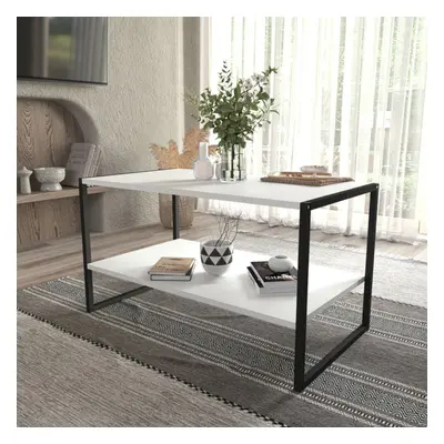 (White) 90cm Rectangle Wooden Coffee Table & Metal Frame