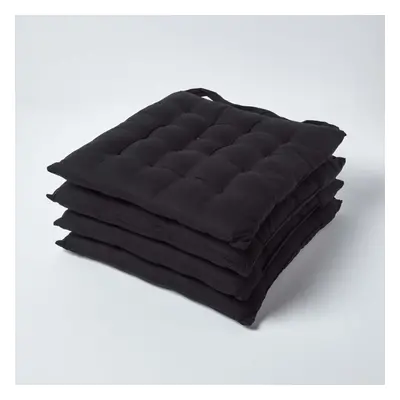 (Set of 4, Black) Plain Seat Pad with Button Straps 100% Cotton