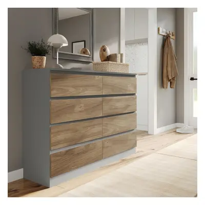 (Grey Carcass + Oak Drawers) Modern Wide Wooden Chest of Drawers Bedroom Furniture Storage Bedsi